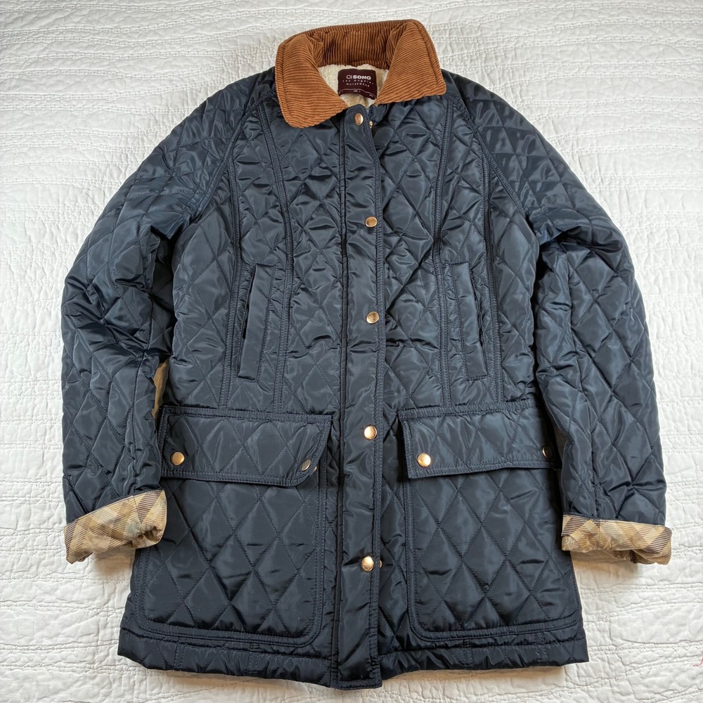 Ci Sono Quilted Jacket Women L Navy Blue Sherpa Lined Corduroy Collar Barn Coat